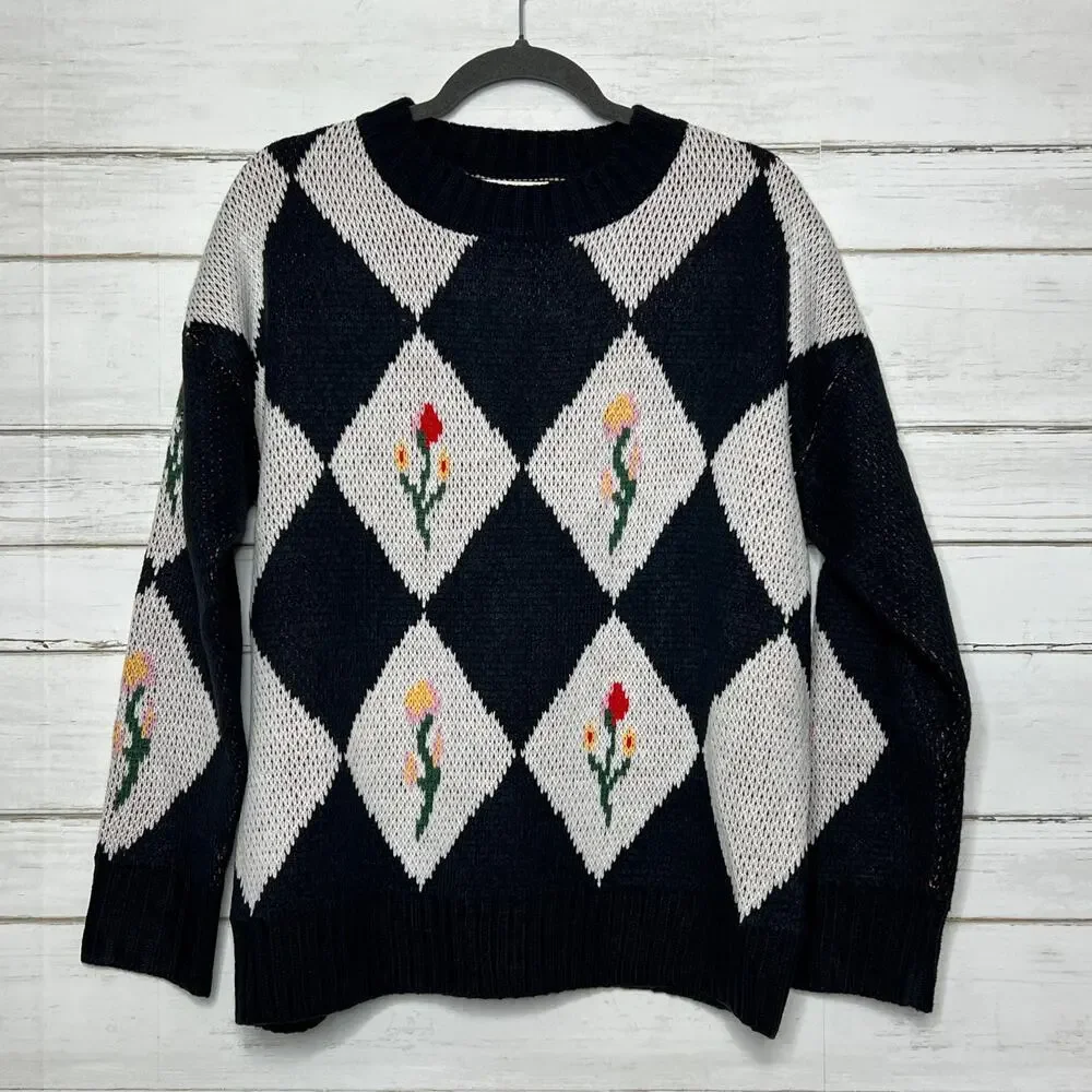 Klesis Argyle Floral Knit Sweater Navy White Diamond Pattern Pullover Small